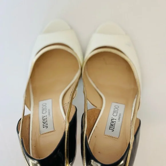 Jimmy Choo White and Gold Peep Toe Heels